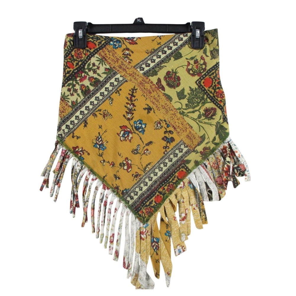 Boho Patchwork Floral Fringe Handkerchief Hem Mini Skirt Mustard Yellow XL